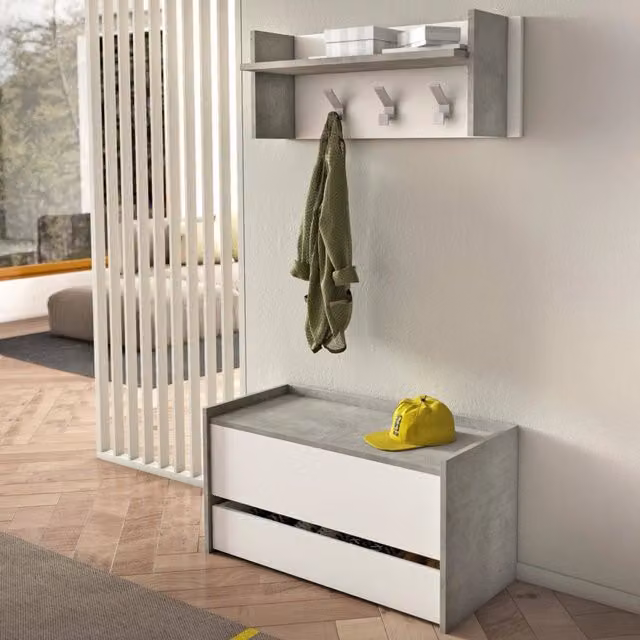 Mobile da ingresso moderno DMORA Actinolite con scarpiera e appendiabiti, Grigio e Bianco, L: 50 cm, P: 32 cm, H: 182 cm