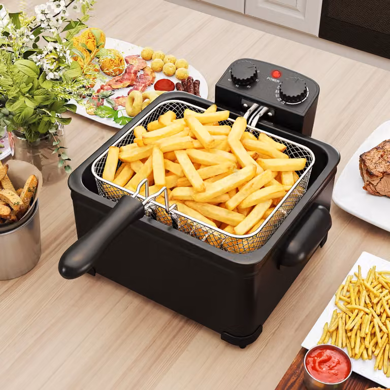 Friggitrice ad olio Costway da 5 l con 1 cestello grande e 2 piccoli, elettrica e smontabile, 1700 W, colore nero