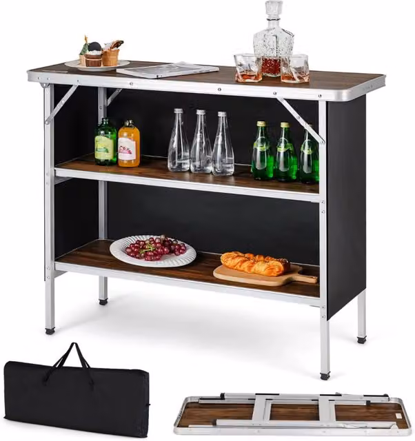 Tavolo da campeggio e picnic pieghevole in alluminio marrone con ripiani aperti e design moderno