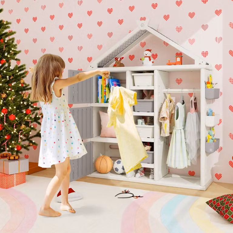 Armadio portaoggetti per bambini Costway con appendiabiti e 3 armadietti, organizzatore per cameretta, Grigio e Bianco