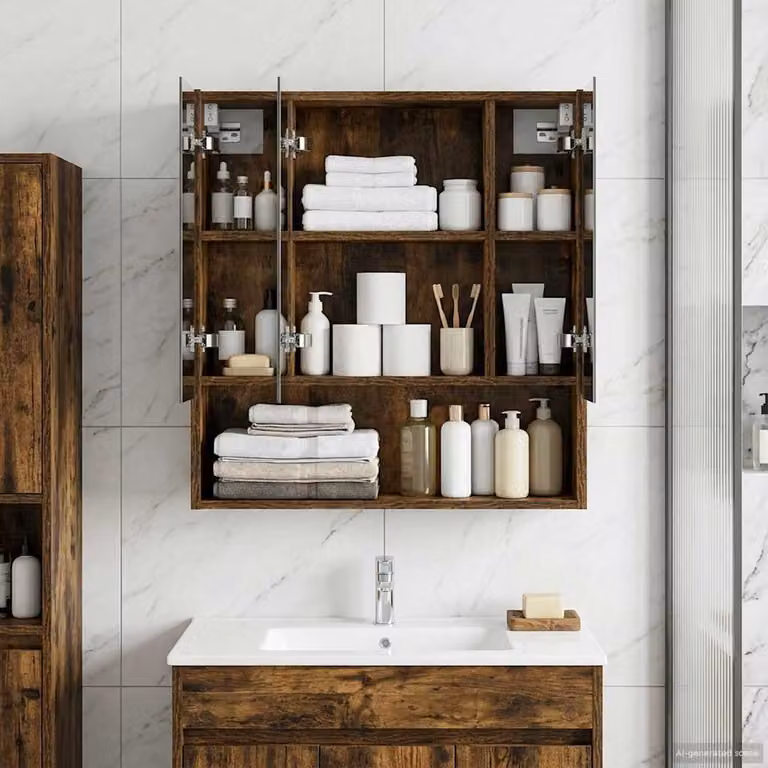 Mobiletto da bagno moderno vidaXL in rovere fumé con ante in vetro, L: 60 cm, P: 14,5 cm, H: 70 cm