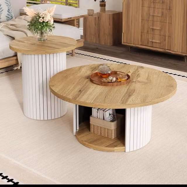 Set di 2 tavolini bassi rotondi OKWISH in stile scandinavo con vani contenitore, colore beige e marrone, in MDF laminato opaco per soggiorno