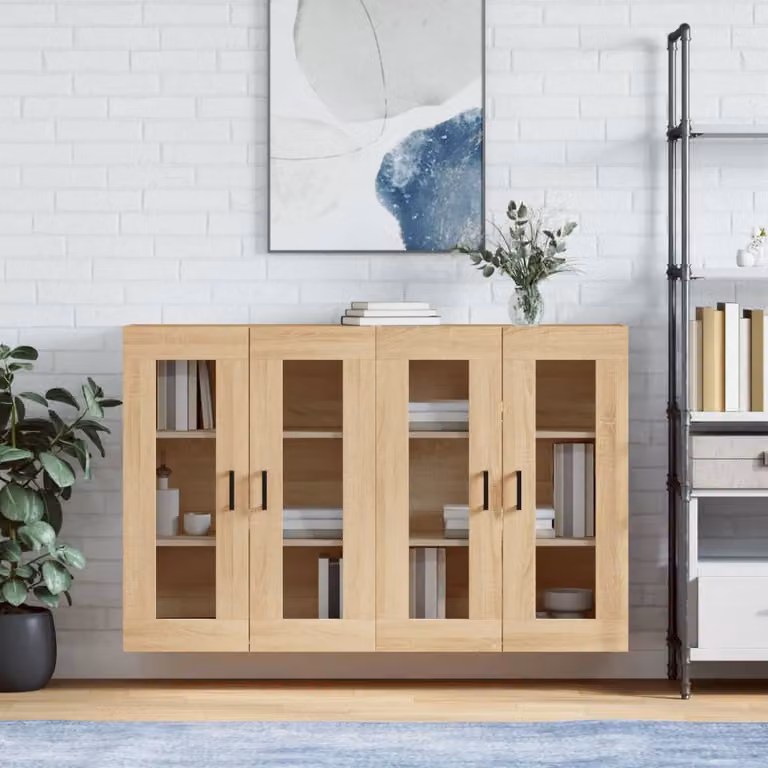Set di 2 armadietti a parete vidaXL in legno e vetro con ante in vetro, colore marrone rovere, design moderno