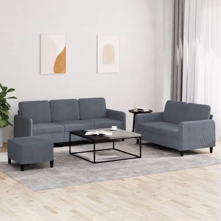 Set di divani 3 pezzi vidaXL in velluto grigio con pouf e cuscini per soggiorno moderno