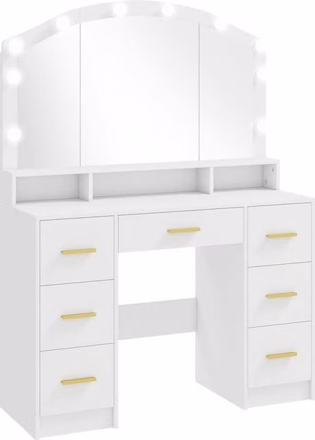 Toeletta per Trucco HOMCOM con Specchio a Luci LED a 3 Colori, 7 Cassetti e 3 Scomparti, Bianco, L 110 x P 40 x H 150 cm