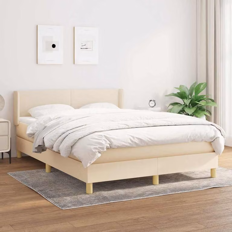 vidaXL Giroletto a Molle con Materasso Ibrido in Tessuto Beige e Bianco L/P/H: 140 x 200 x 88 cm