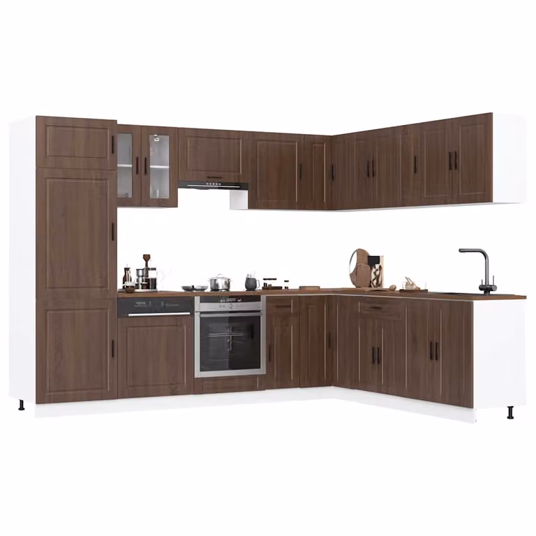 Set di mobili da cucina moderno vidaXL composto da 14 pezzi in rovere marrone con ante a cerniera e ripiani aperti