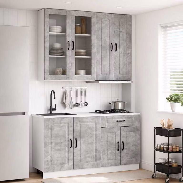 Set di unità cucina moderna vidaXL KALMAR in 4 pezzi, colore grigio cemento con ante in vetro e finitura opaca, in MDF