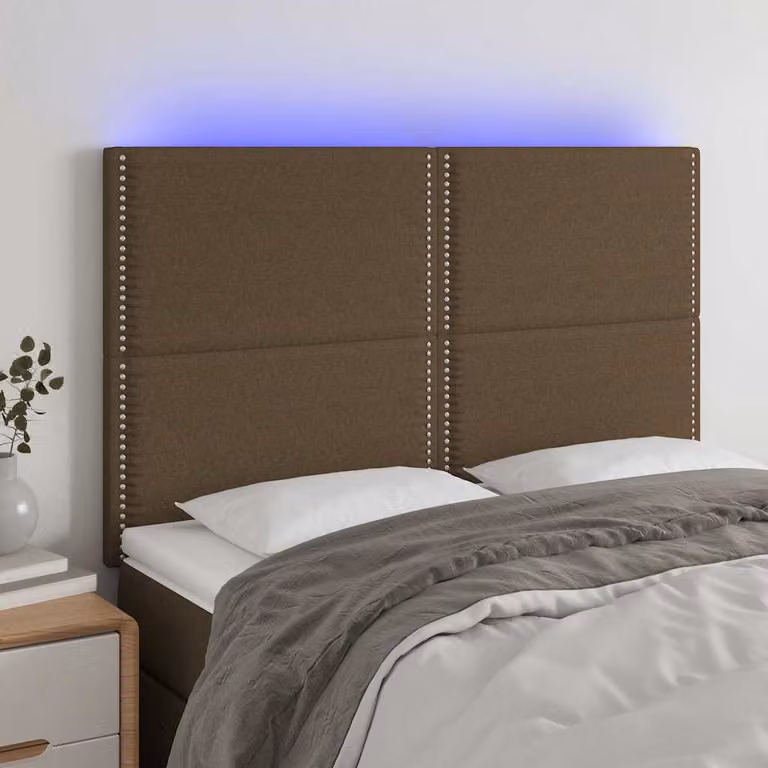 Testiera per letto vidaXL in tessuto marrone scuro con illuminazione LED e porte di ricarica USB, L: 144 cm, P: 5 cm, H: 118/128 cm