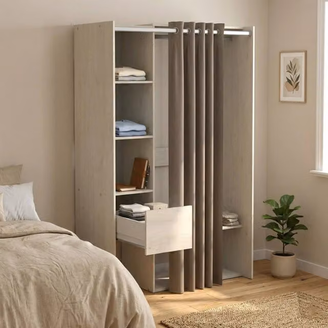 Armadio moderno DMORA per camera da letto con cassetti integrati e ante a rullo, colore marrone quercia, L: 119,1 cm, P: 49,9 cm, H: 183 cm