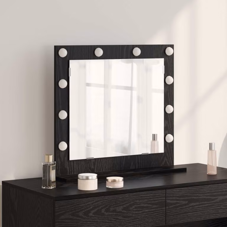 Specchio da vanità moderno vidaXL con luce LED e porta USB, nero, rettangolare, L: 60 cm, P: 55 cm, H: 18 cm