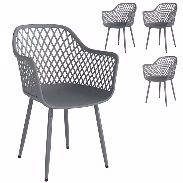 Set di 4 sedie da giardino Outsunny con braccioli e schienale, resistenti ai raggi UV, in plastica e metallo, Grigio Scuro, L: 56 cm, P: 51 cm, H: 84 cm
