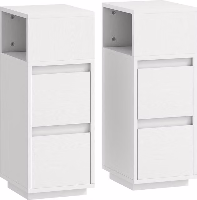 Set di 2 Comodini Moderni HOMCOM con 2 Cassetti e Ripiano Aperto, Bianco, L/P/H: 25 x 30 x 65 cm
