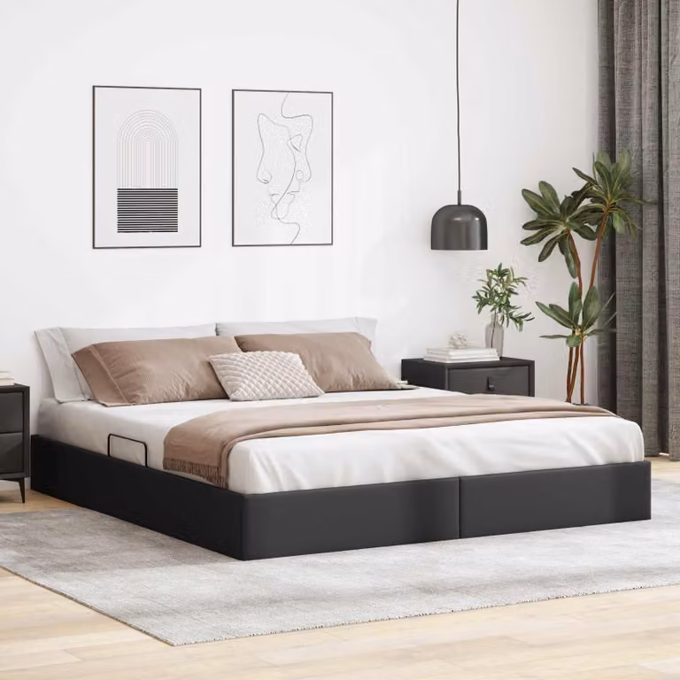 Letto ottomano vidaXL in pelle sintetica nera con base a sollevamento, L 160 cm x P 200 cm