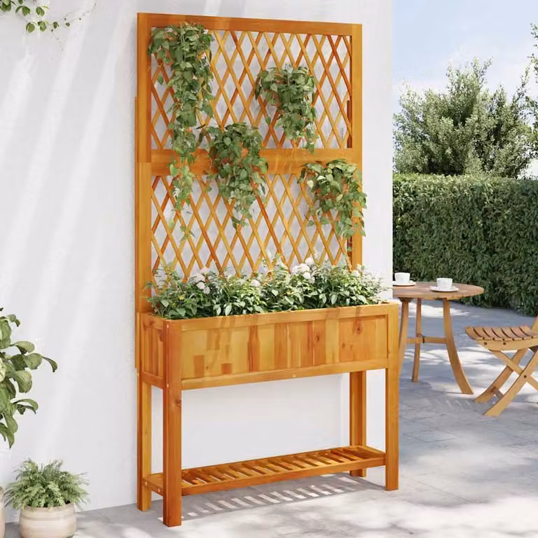 Fioriera con Traliccio e Ripiano vidaXL in Legno di Acacia Marrone L: 100 cm, P: 32 cm, H: 185 cm