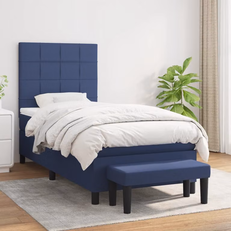 vidaXL Letto Ibrido con Giroletto a Molle e Materasso in Tessuto Blu e Bianco, L/P/H: 90 x 200 x 40 cm
