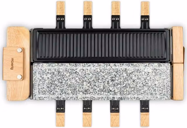 Raclette H.Koenig WOD360 per 8 persone, colore nero, con piastra in pietra naturale e rivestimento antiaderente