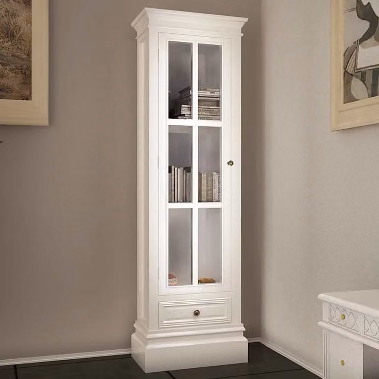 vidaXL Armadietto a Parete in Legno Bianco con Ante in Vetro e Scaffali Aperti, Stile Vintage, H 138 x L 38 x P 25,5 cm