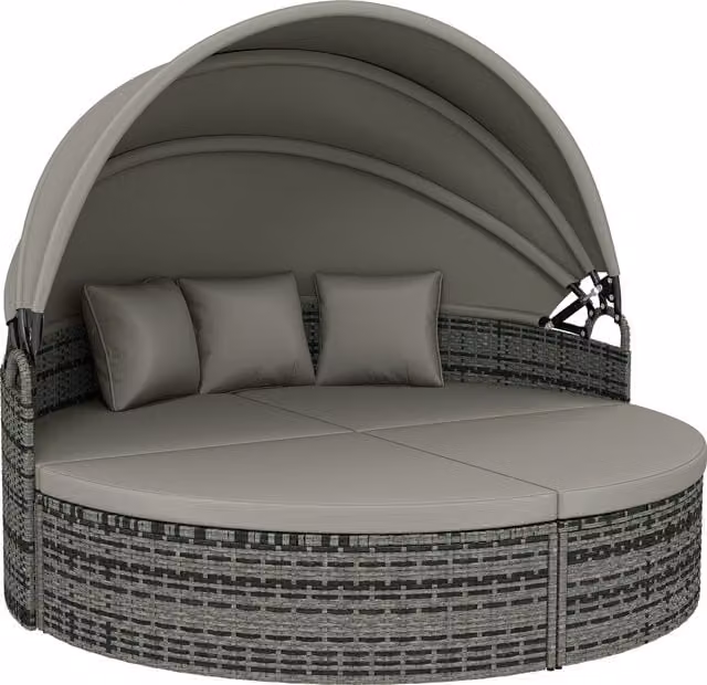 Lettino prendisole rotondo Outsunny in resina intrecciata con tenda parasole retrattile, set modulabile da 3 pezzi, grigio chiaro