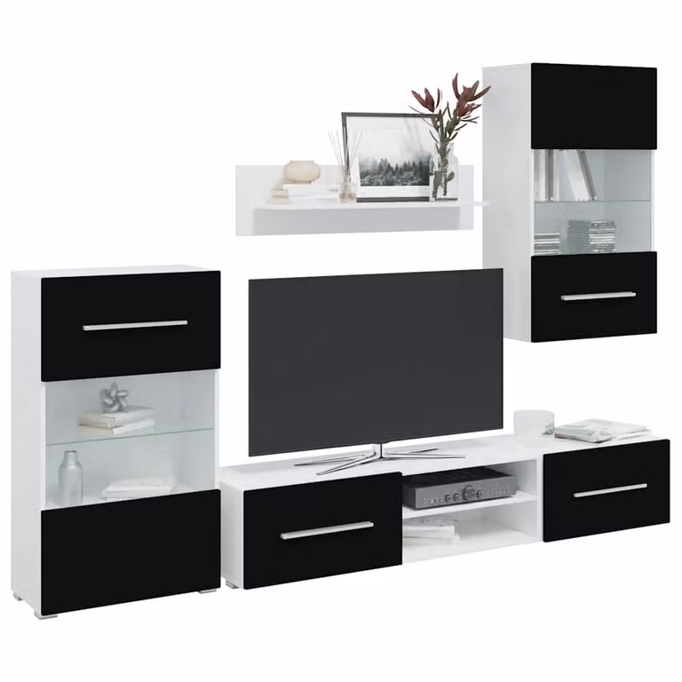 Set di mobili per soggiorno vidaXL composto da 5 pezzi con luci LED integrate, finitura nera lucida e ante in vetro, stile moderno