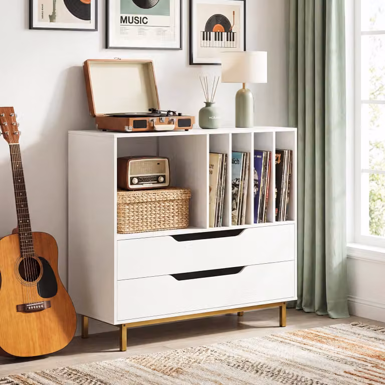 Supporto per giradischi Costway in stile mid-century con 4 ripiani per vinili e 2 cassetti, colore bianco