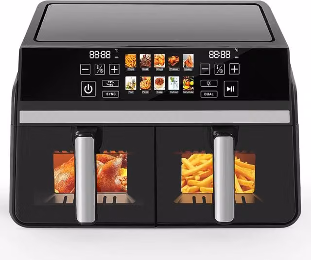 ZMH Friggitrice ad aria a doppia zona da 10L, 2200W, con touch screen, finestra visiva e cestello lavabile in lavastoviglie, colore nero