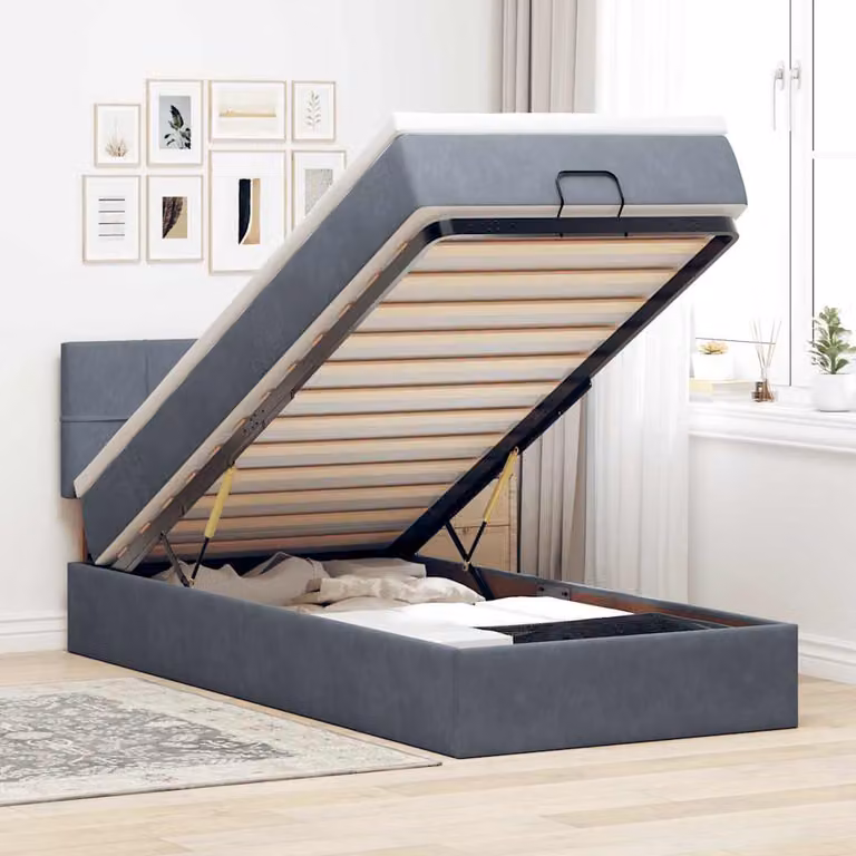 vidaXL Struttura Letto con Materasso e Contenitore a Sollevamento in Velluto, L 90 x P 190 cm, Grigio e Bianco