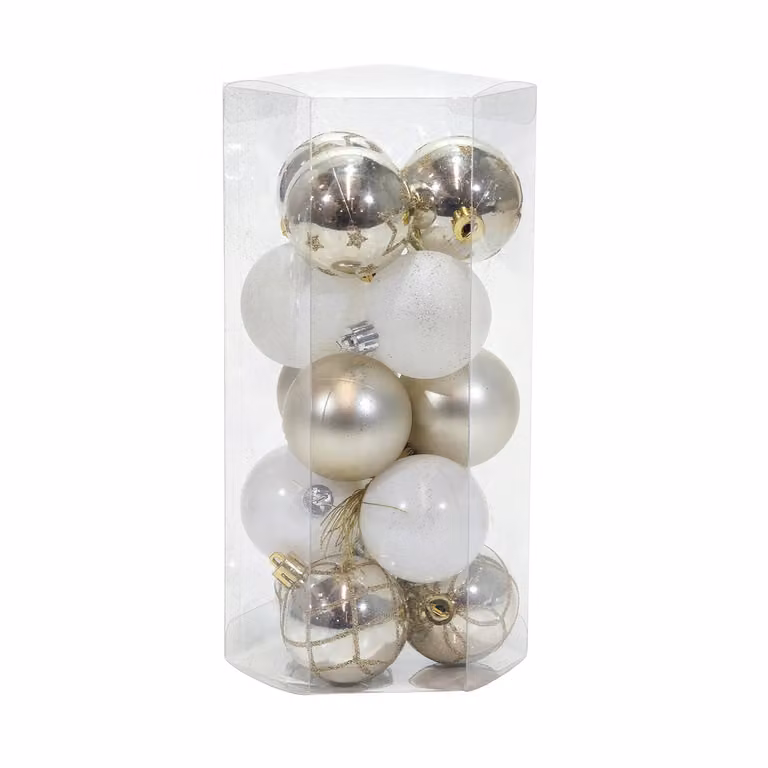 Set di 15 palline di Natale VESTIAMO CASA oro e bianche infrangibili, diametro: 5 cm