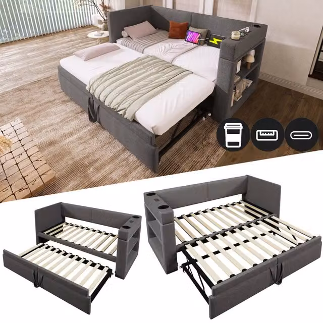 Daybed imbottito KOMHTOM in tessuto grigio per camera da letto o soggiorno L/P/H: 200 x 90 x 74 cm