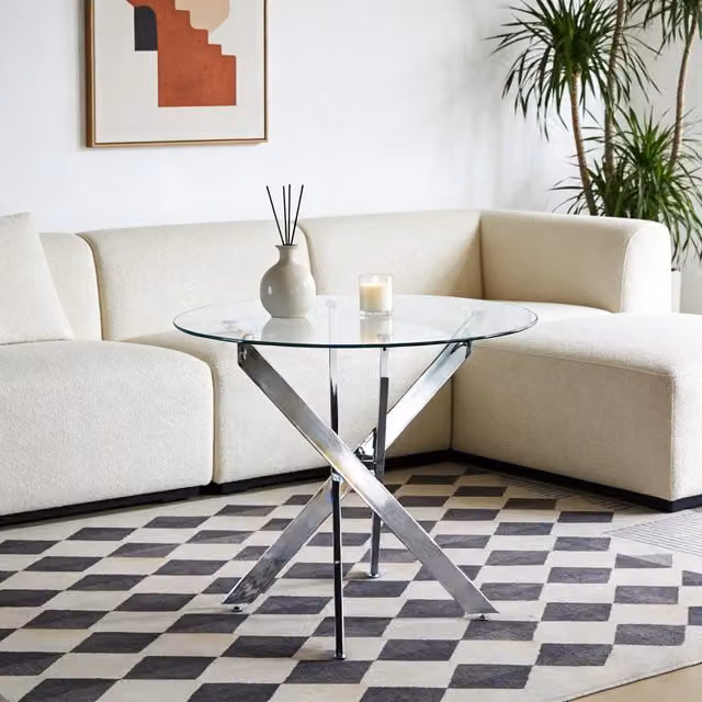 Tavolo da pranzo moderno Zephmum con piano in vetro temperato e base a croce in metallo argento L/P/H: 80 x 80 x 75 cm