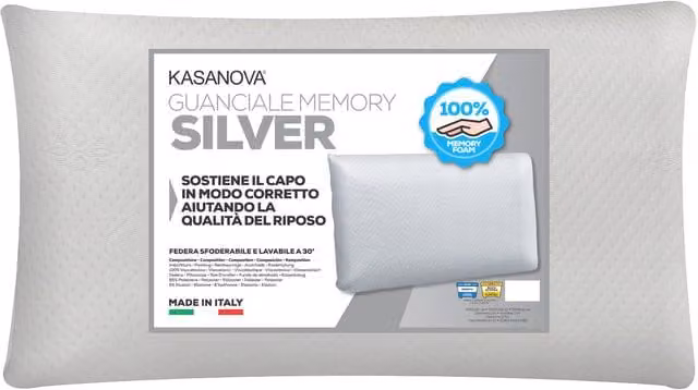 Guanciale Kasanova Silver in memory foam anallergico e anatomico con rivestimento lavabile, colore bianco e argento, L/P/H: 70 x 40 x 1 cm