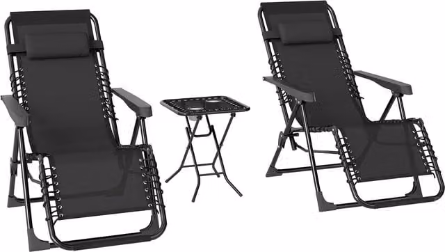 Set di 2 sedie sdraio da giardino Outsunny Zero Gravity con tavolino e portabicchieri, sedie pieghevoli in tessuto traspirante con poggiatesta regolabile e schienale a 5 livelli, Nero
