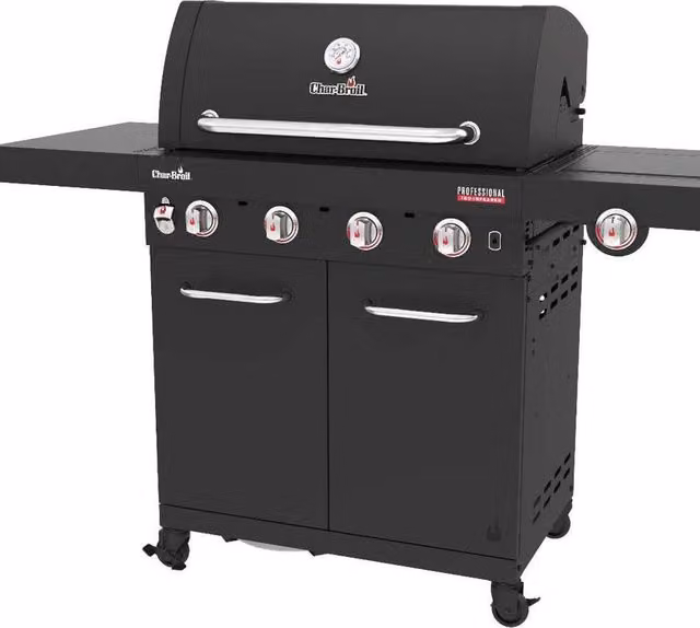 Barbecue a gas Char-Broil Professional Core B4 con 3 bruciatori, fornello laterale e rack riscaldante in acciaio nero