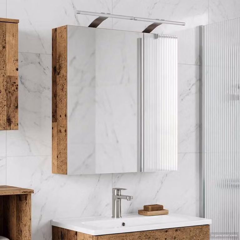 Mobiletto per specchio da bagno vidaXL in legno marrone con illuminazione LED e specchio, L 60 cm x P 14,5 cm x H 70 cm
