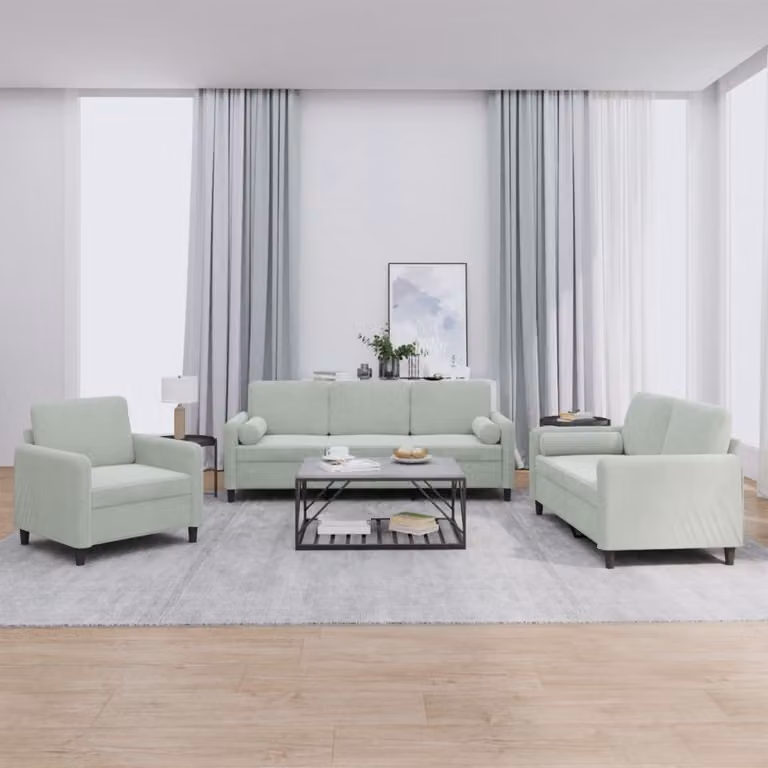 Set di divani vidaXL da 3 pezzi in velluto grigio con cuscini, design moderno per soggiorno