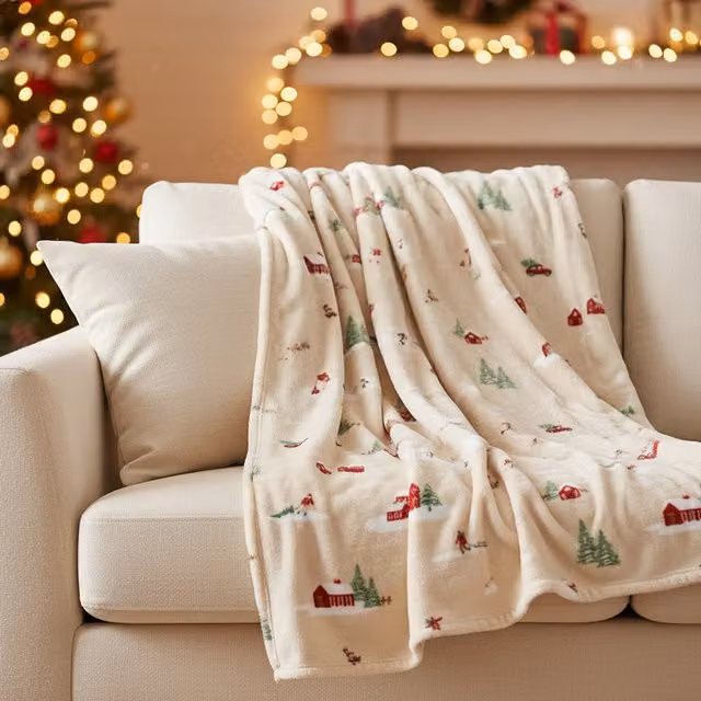 Plaid KASANOVA in pile color beige con decoro montagna L: 130 cm x P: 160 cm