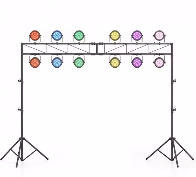 Supporto luci DJ DESIGN IN con traversa e stativo treppiede regolabile, struttura triangolare pieghevole in metallo e plastica, colore nero, Altezza: 140-265 cm