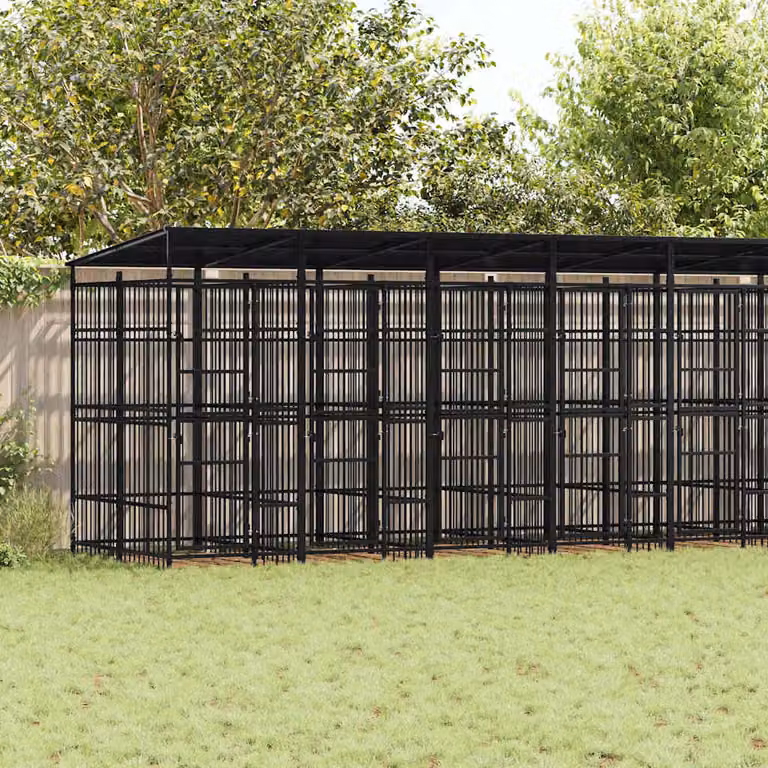 vidaXL Gabbia per Cani da Esterno con Tetto in Acciaio, Metallo Nero Opaco, 18,43 m²