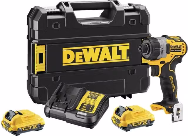 Trapano avvitatore DeWalt 12V con attacco da 1/4 pollici, 2 batterie ricaricabili da 2 Ah e caricatore, colore giallo - DCF601D2