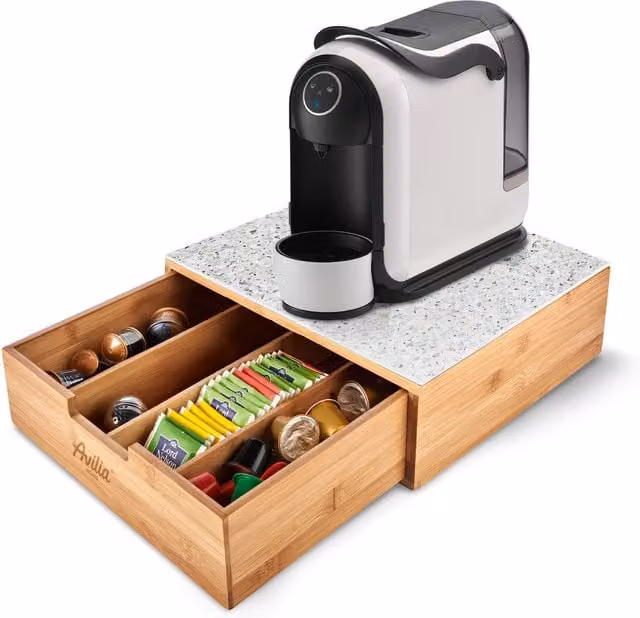 Cassetto porta cialde e capsule Avilia Home in bambù con ripiano in vetro, disponibile in bianco, nero o marrone, L: 30,0 cm, P: 30,0 cm, H: 4,5 cm