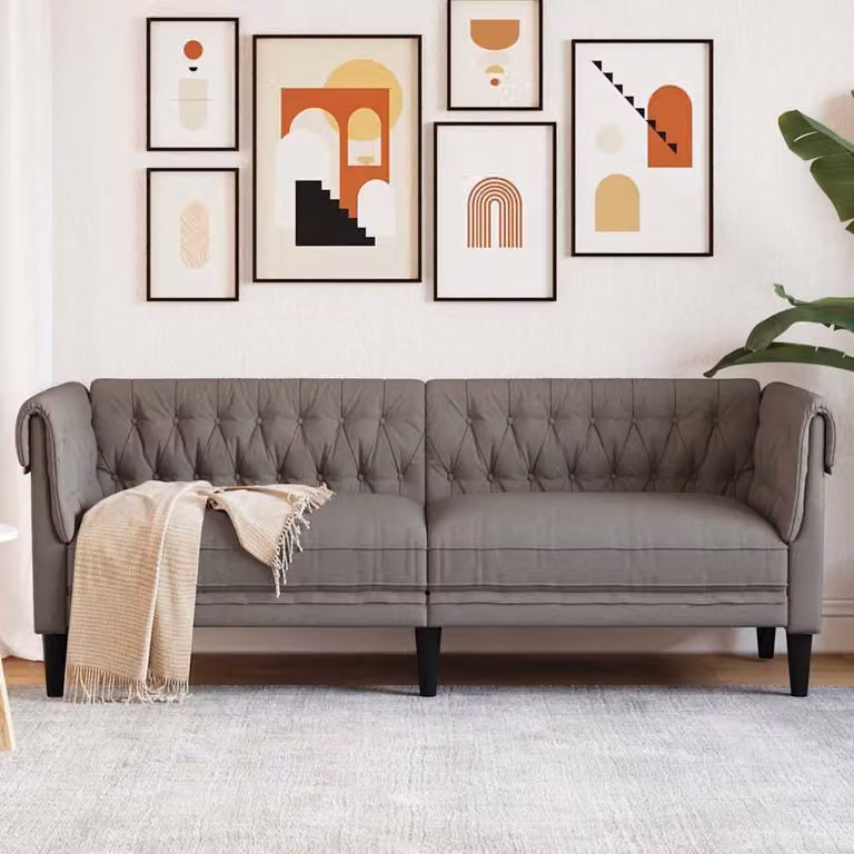 vidaXL Divano Chesterfield a 3 Posti in Tessuto Beige e Grigio con Struttura in Legno Massello L: 201,5 cm, P: 74,5 cm, H: 74,5 cm