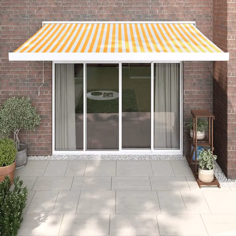 Tenda retrattile vidaXL con bracci pieghevoli in alluminio e tessuto in poliestere, colori giallo e bianco, L: 350 cm, P: 250 cm