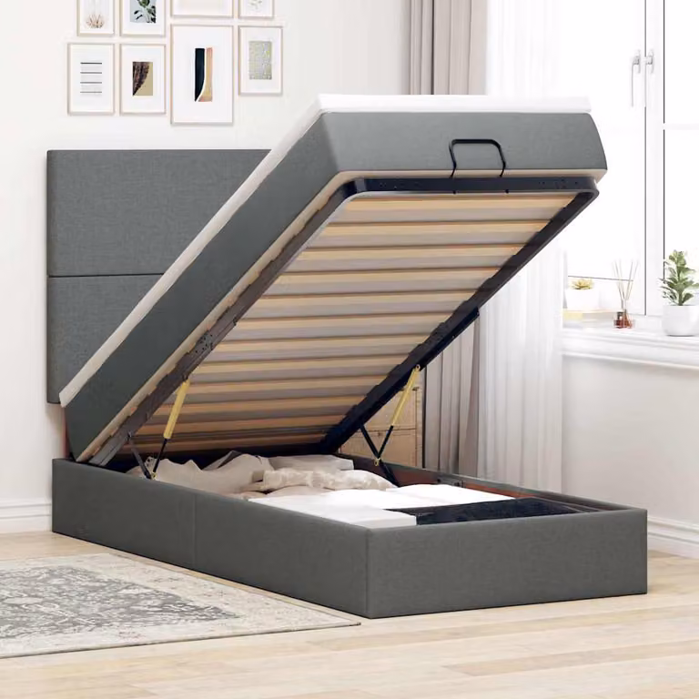 vidaXL Letto con Pouf e Materasso in Tessuto, Moderno con Base a Sollevamento, Illuminazione Sotto il Letto e Porta USB, Grigio e Bianco, L/P/H: 190 x 90 x 128 cm