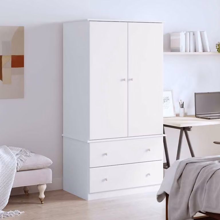 Armadio vidaXL in legno massello di pino bianco con cassetti integrati e appendiabiti L/P/H: 90 x 55 x 170 cm