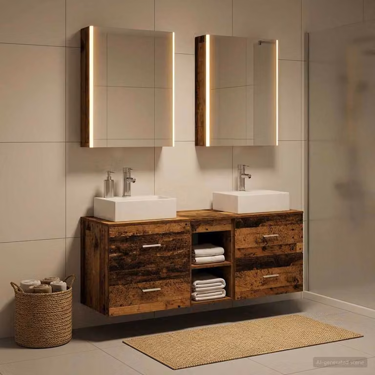 Set di mobili per il bagno moderno vidaXL in legno e vetro marrone con illuminazione LED e specchio