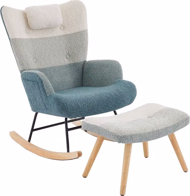 Poltrona a dondolo in tessuto bouclé con design patchwork a righe multicolore, schienale alto, braccioli e pouf incluso per il tuo relax in soggiorno o camera da letto