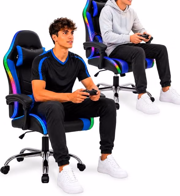 Sedia Gaming Nexor Ergonomica con Luci RGB, Supporto Lombare e Poggiatesta, Poltrona da Ufficio Reclinabile in Faux Leather con Ruote e Braccioli, Disponibile in Nero, Rosso, Blu o Rosa