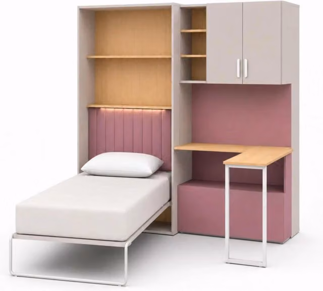 Cameretta Completa con Letto a Scomparsa, Armadio, Cassettiera e Scrivania in Melaminico per Bambini e Ragazzi, Colore Cashmere e Rosa, L: 133 cm, P: 208.5 cm, H: 45-216 cm