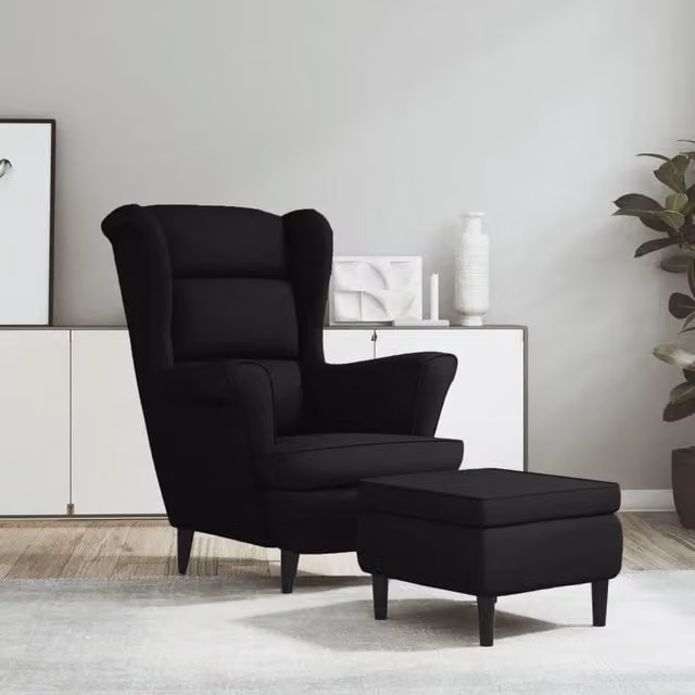 Poltrona relax con poggiapiedi integrato vidaXL in velluto nero con struttura in legno e schienale ad ala per il tuo soggiorno