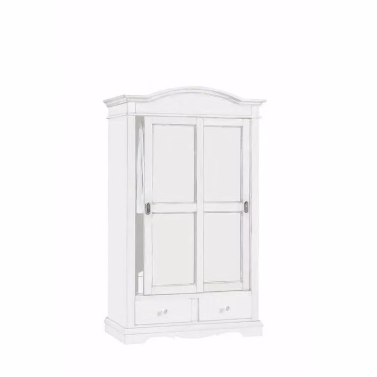 Armadio Shabby Chic Mobili 2G in Legno di Pino Bianco con 2 Ante Scorrevoli e Cassetti L: 122 cm, P: 60 cm, H: 200 cm